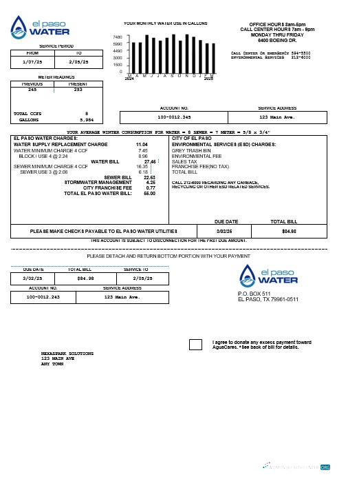 Download USA Texas El Paso Water business utility bill template in Word and PDF formats Photoshop template